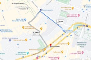 https://www.google.at/maps/dir/MuseumsQuartier,+Museumsplatz,+Wien/Naschmarkt,+Wien/@48.2016931,16.362317,17.5z/data=!4m14!4m13!1m5!1m1!1s0x476d07903eeb4fdf:0x94d429b3eb41ebff!2m2!1d16.3586166!2d48.2033369!1m5!1m1!1s0x476d07860810152f:0x6e5b4aaa82c37615!2m2!1d16.3631165!2d48.1984054!3e2