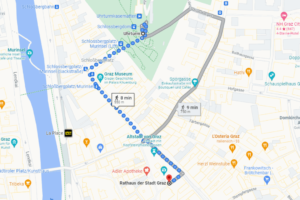 https://www.google.at/maps/dir/Uhrturm,+Am+Schlossberg,+Graz/Rathaus+der+Stadt+Graz,+Hauptplatz,+Graz/@47.0724265,15.4375957,17.25z/data=!4m14!4m13!1m5!1m1!1s0x476e35825a13a609:0x12ad262876411b89!2m2!1d15.4377041!2d47.0735697!1m5!1m1!1s0x476e3578b12f9ecd:0x39c78a18accb9b73!2m2!1d15.4384431!2d47.0706987!3e2